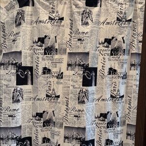 Alamode Home Bedlam Passport Shower Curtain. Newspaper print. Y2K  black/white